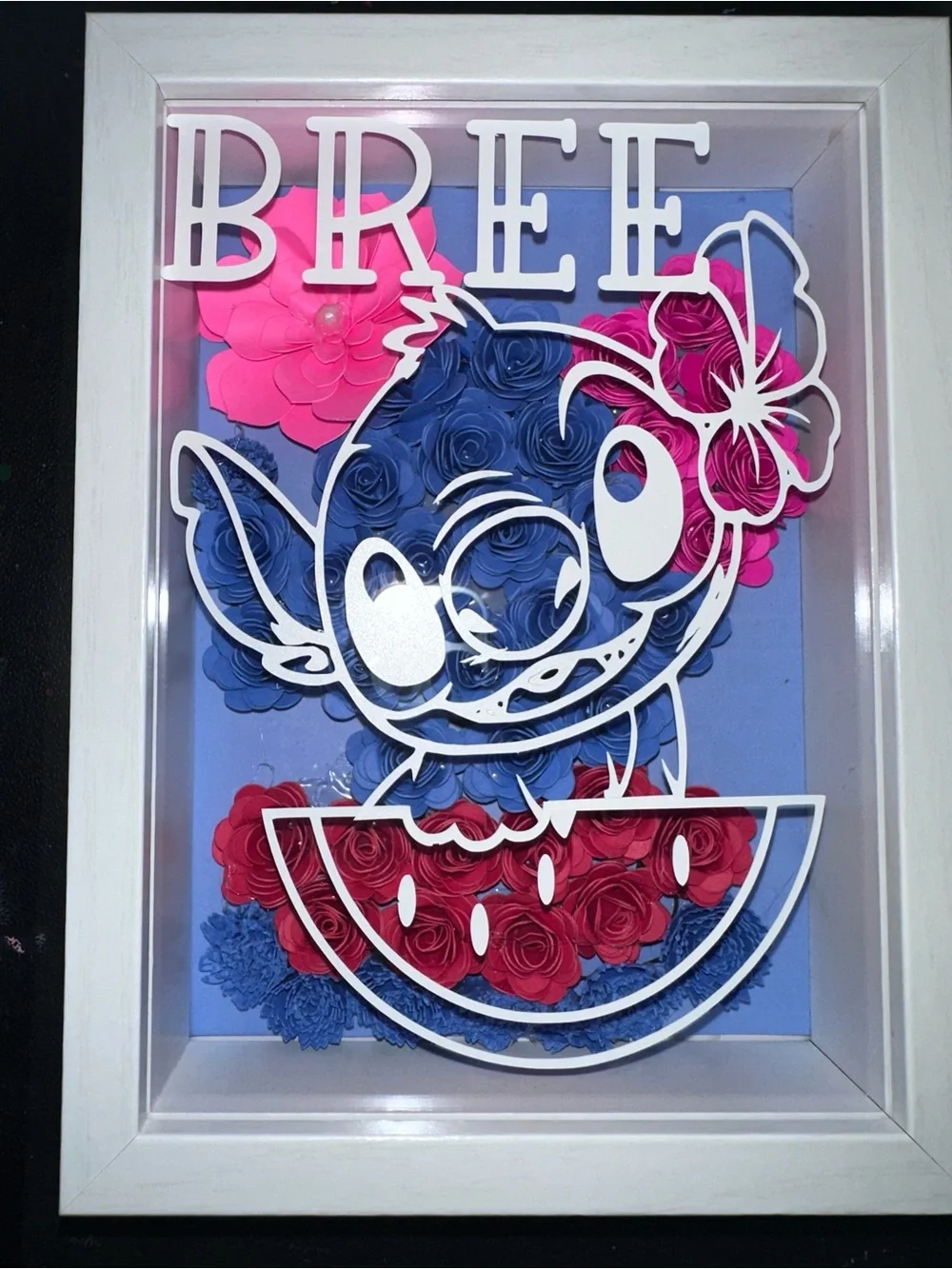 Personalized Pink & Blue Floral Stitch Shadow Box Wall Art 5x7 shadow box